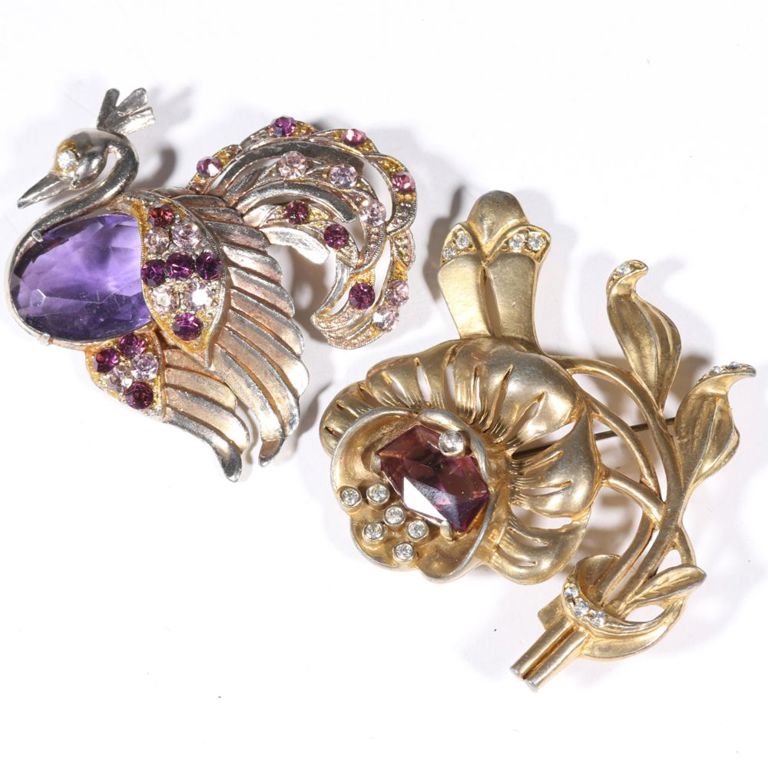 Vermeil flower brooch and jeweled peacock brooch