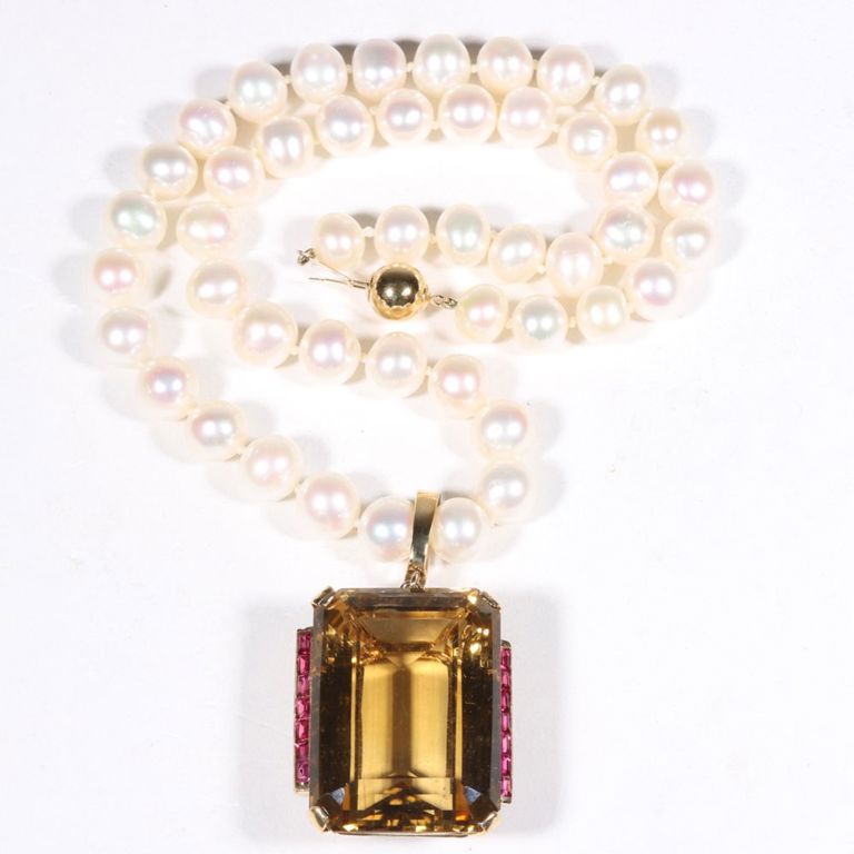 18k gold yellow quartz and rubies pendant on a pearl necklace with 14k gold clasp