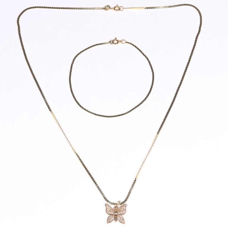 14k yellow gold butterfly pendant necklace and bracelet
