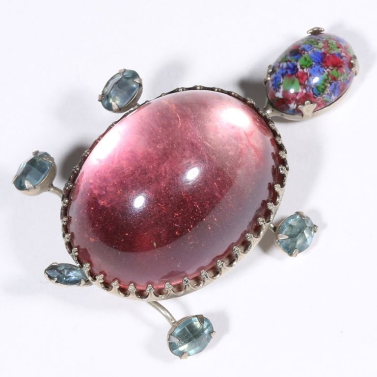 Art glass, pink lucite and inverted aqua crystals turtle brooch