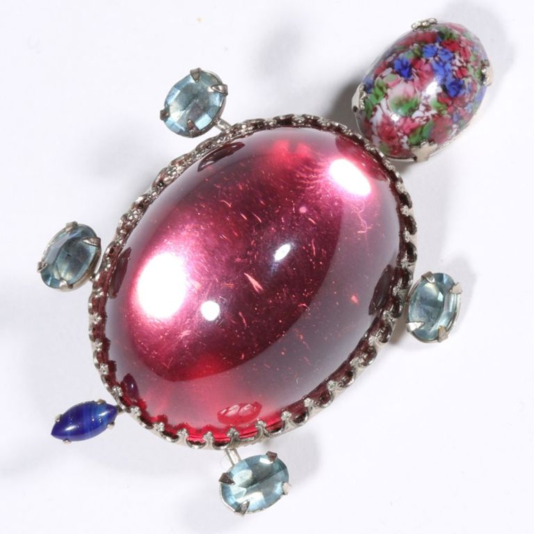 Art glass, pink lucite and inverted aqua crystals turtle brooch