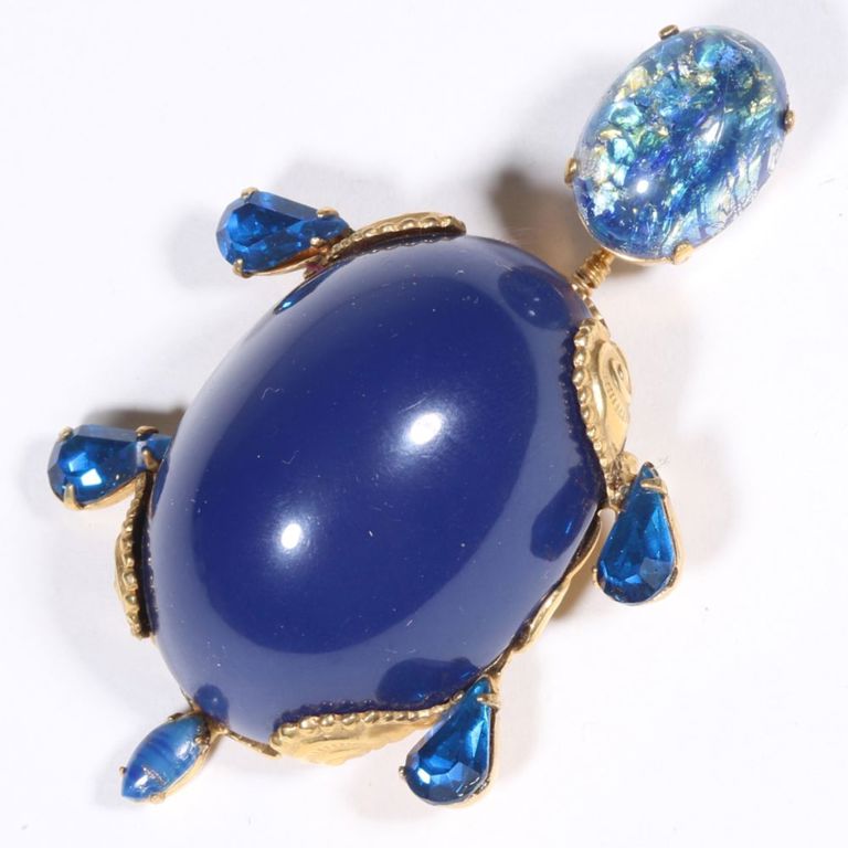 Art glass, cobalt blue cabochon and blue crystals turtle brooch