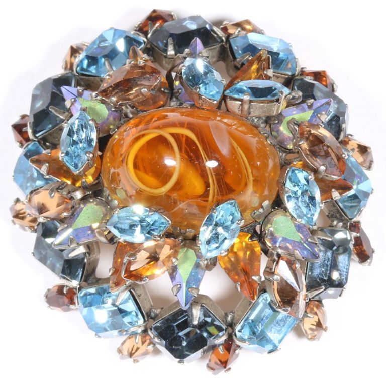 Amber art glass and ice blue rhinestone crystals pendant brooch