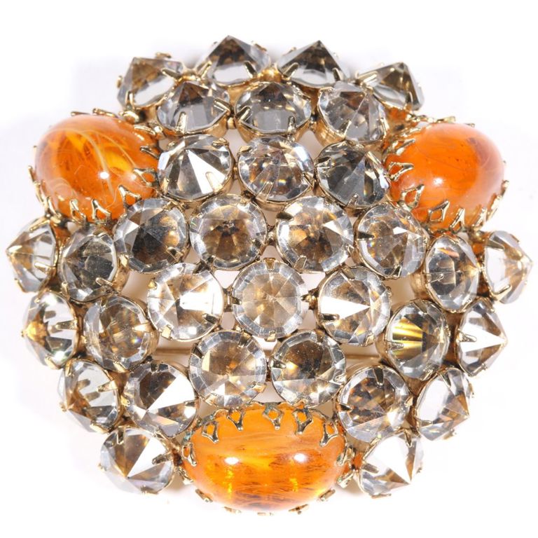 Rhinestone crystal and amber art glass pin brooch