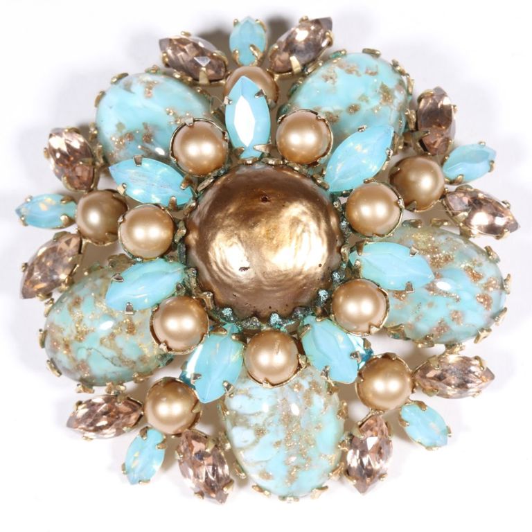 Gold art glass and pearls and rhinestone crystal brooch