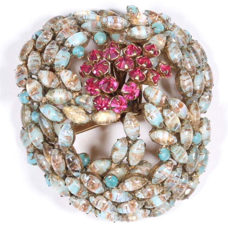 Turquoise and gold art glass and pink rhinestone crystals brooch