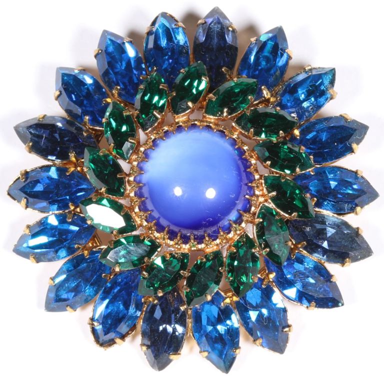 Moonstone and green and blue rhinestone crystals brooch