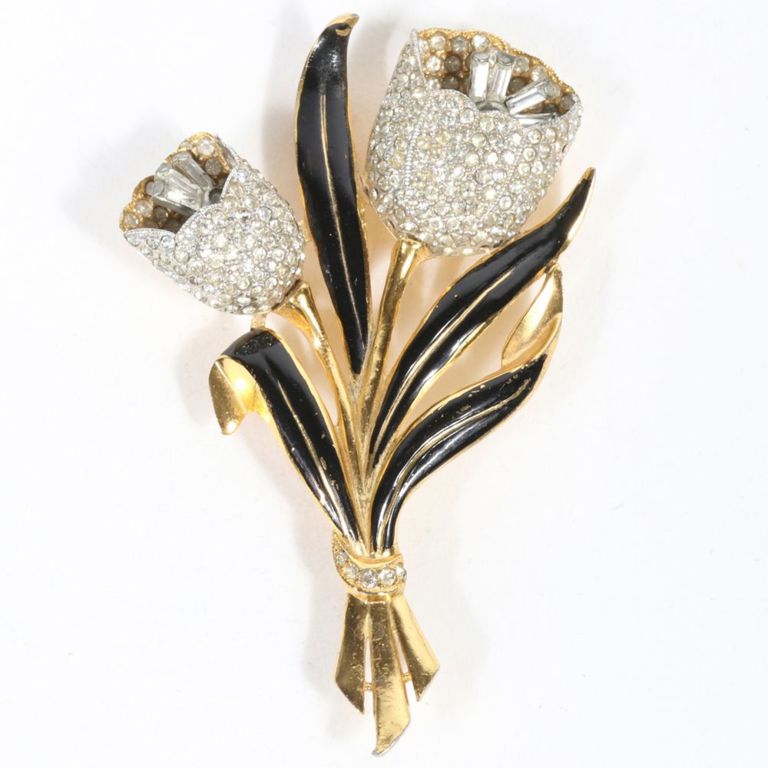 Gold wash and black enamel brooch with rhinestones