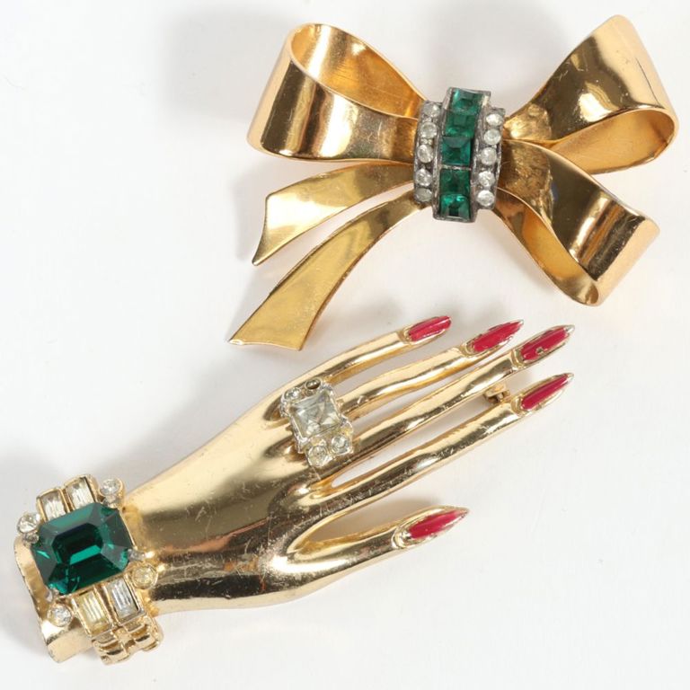 Vermeil rhinestones hand brooch and jeweled bow brooch with rhinestones