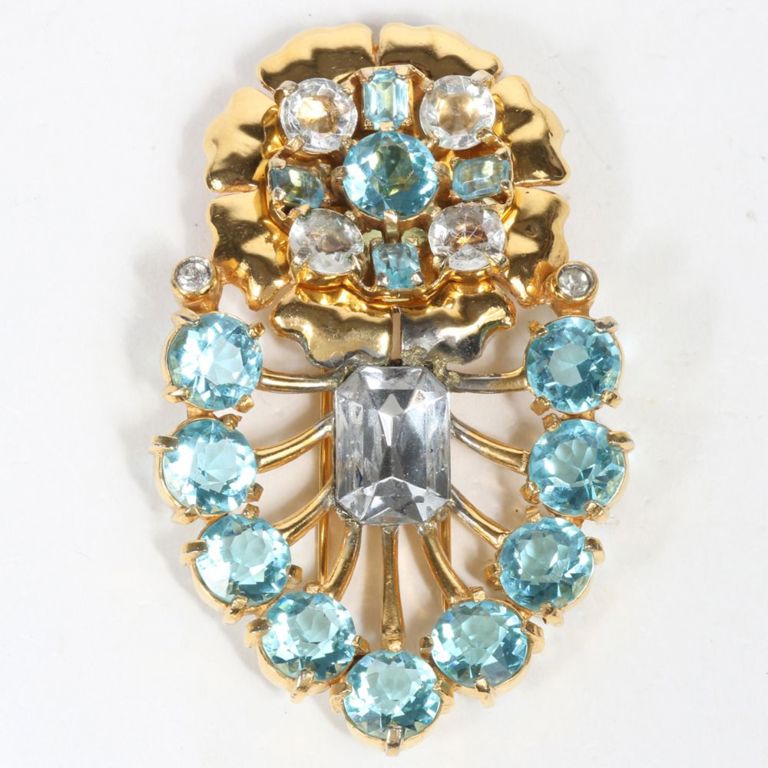 Eisenberg floral vermeil fur clip with aqua and clear crystals