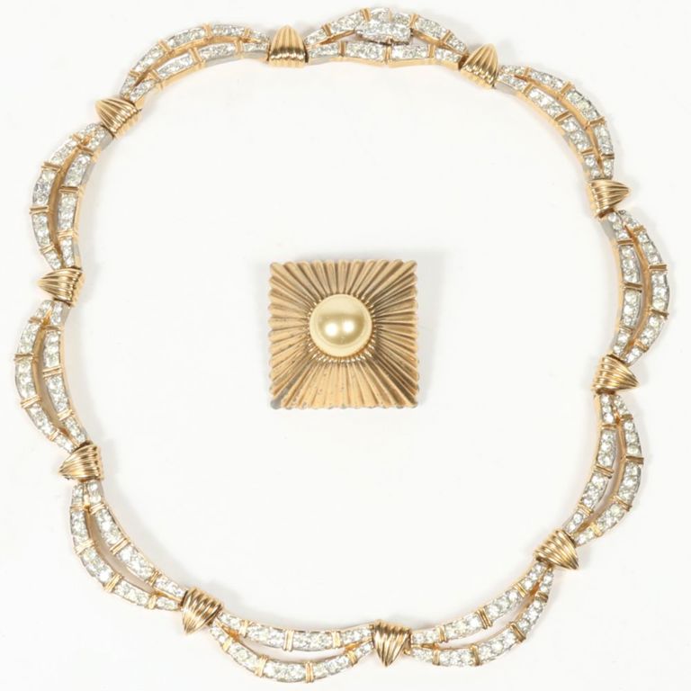Faux pearl brooch and gold tone diamante rhinestone crystal necklace