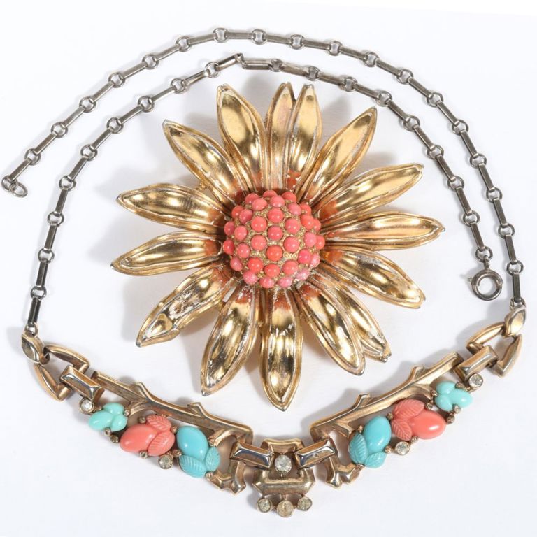 Turquoise and coral jewels necklace and coral glass brooch