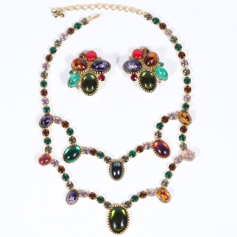 Multicolor glass and rhinestones necklace and matching earrings