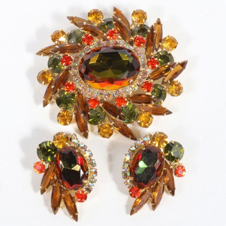 Rhinestone jewel brooch and matching earrings