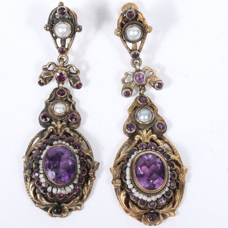 14k yellow gold amethyst, pearl and deep purple gems earrings