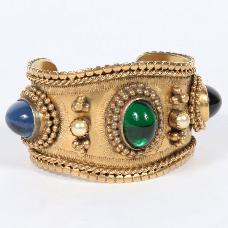 Green and blue glass and faux pearl cuff bracelet