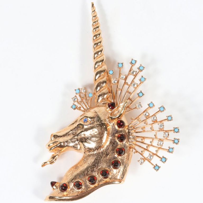 Sterling vermeil unicorn brooch with red cabochons and rhinestones