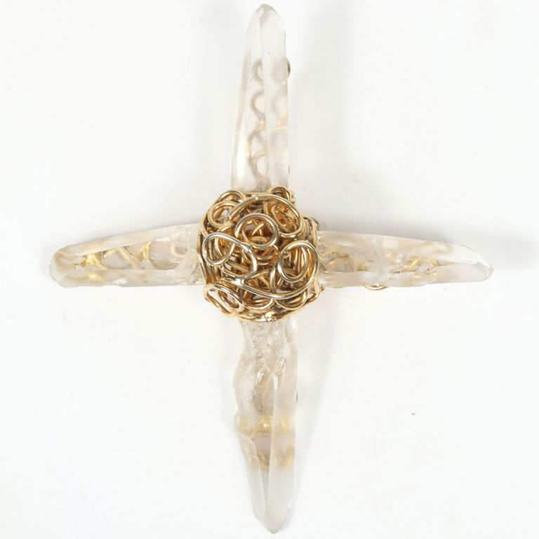 Wrapped wire quartz crystal cross pendant brooch