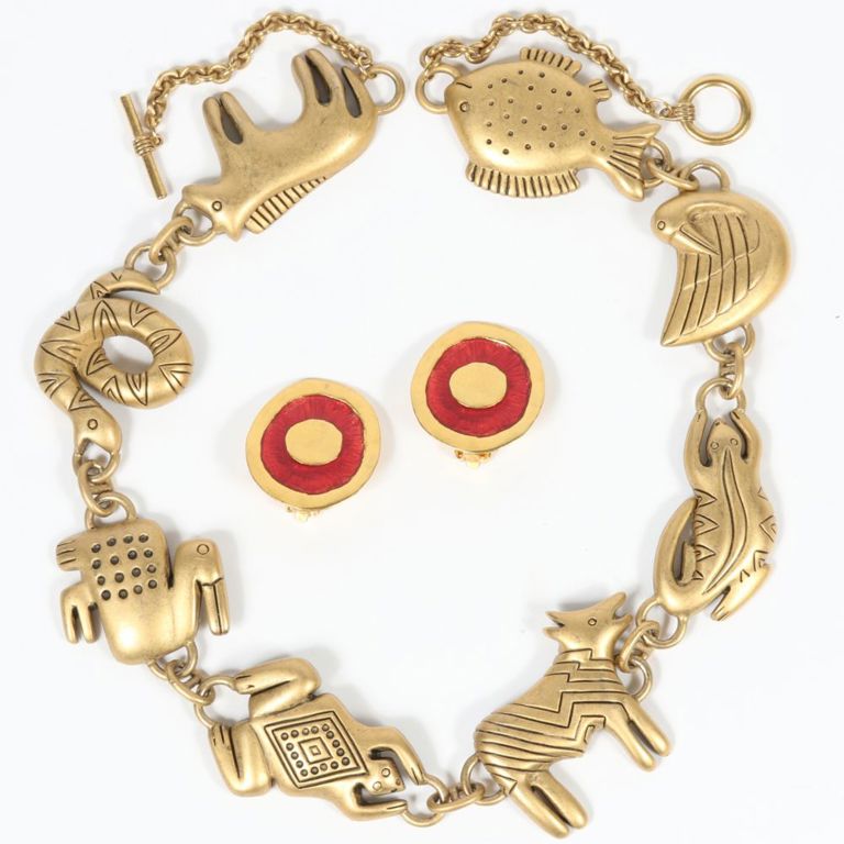 Gold tone necklace and red enamel bullseye earrings