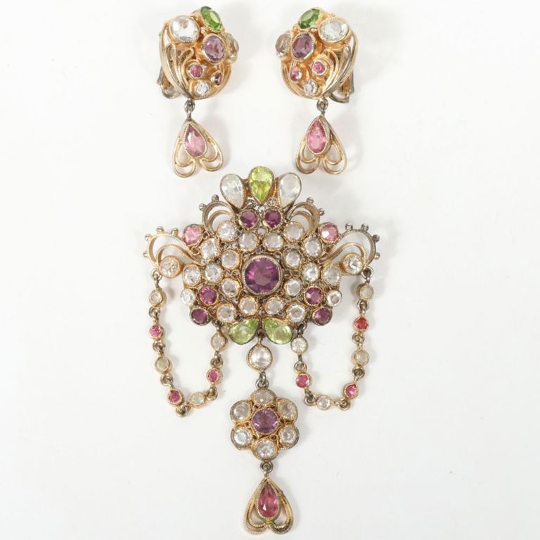 Multicolor rhinestone crystal brooch with matching sterling vermeil earrings