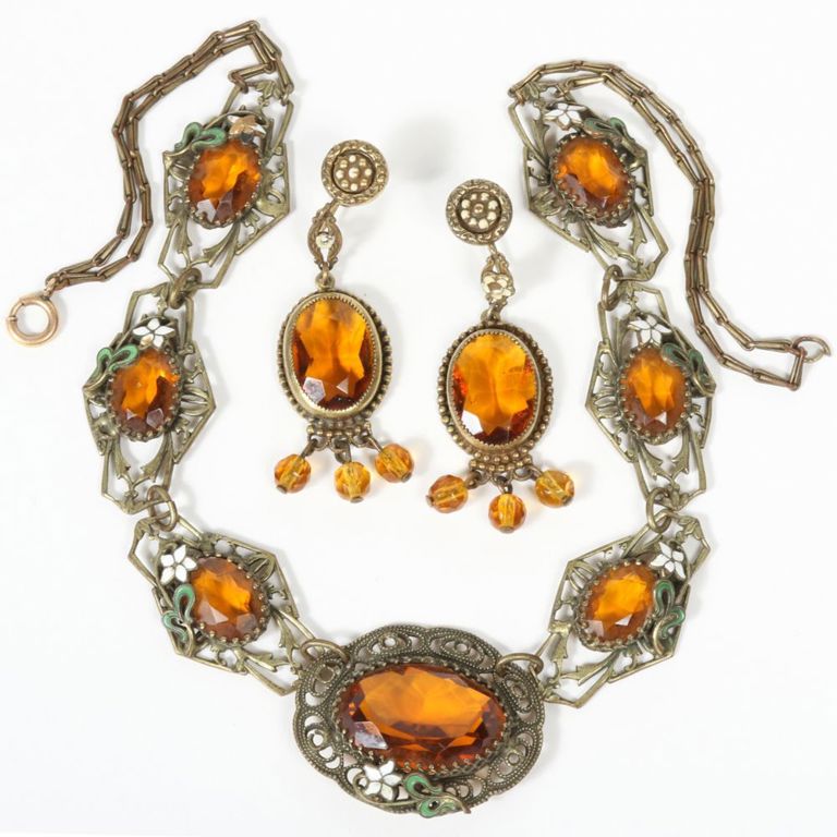 Amber Czech glass necklace and earrings