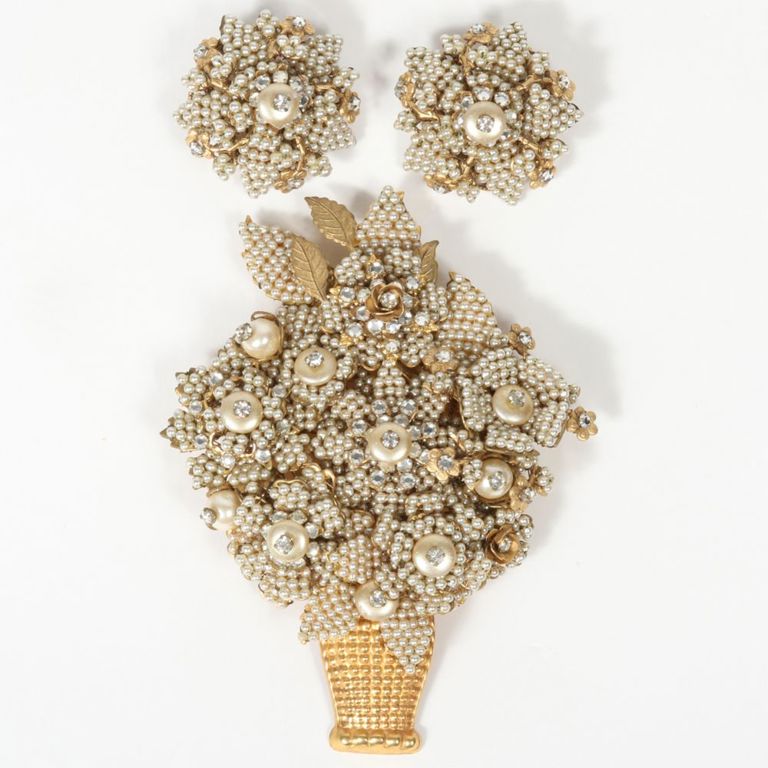 Flower basket pin brooch and matching earrings