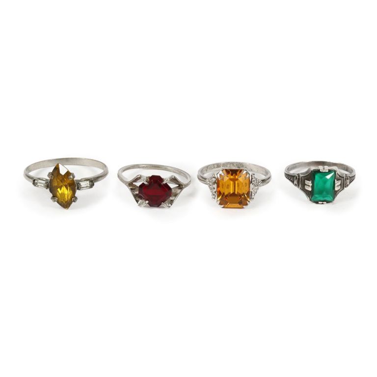 Four Vintage sterling silver glass and rhinestone rings