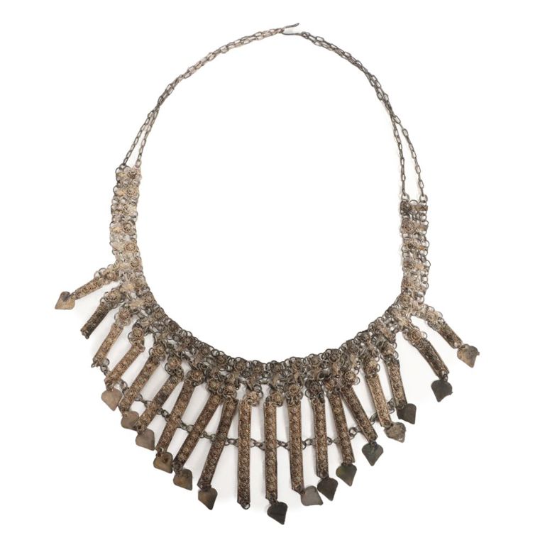 Vintage Middle Eastern style silver filigree bib necklace
