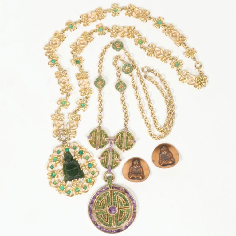 Two necklaces with jade pendant, jade and amethyst pendant, copper earrings