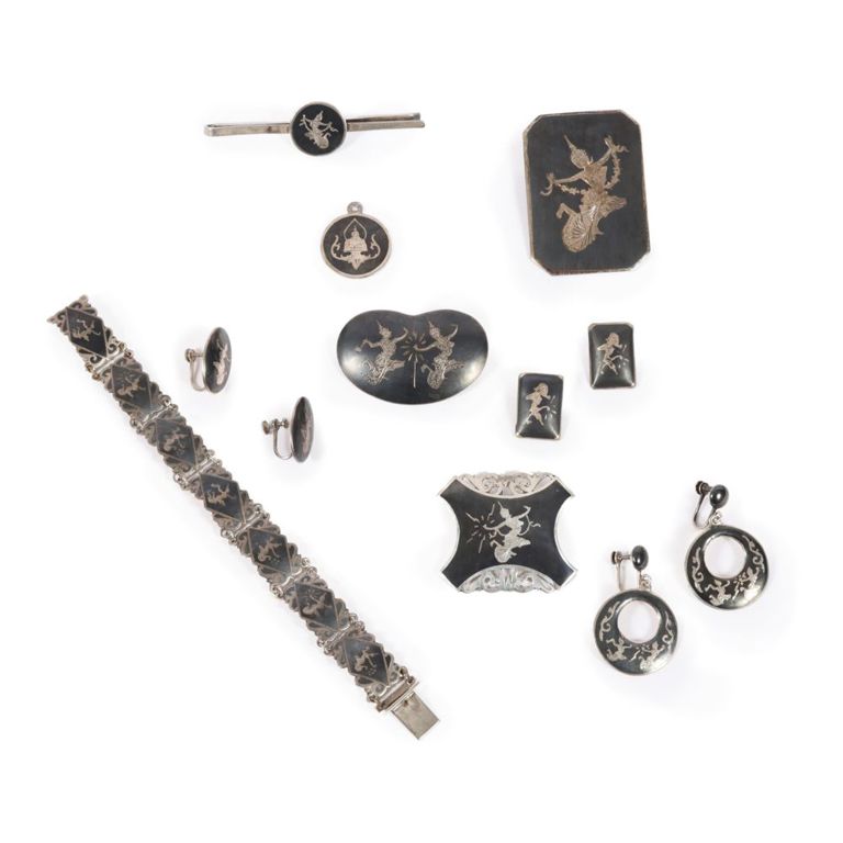 Siam sterling silver niello enamel jewelry set