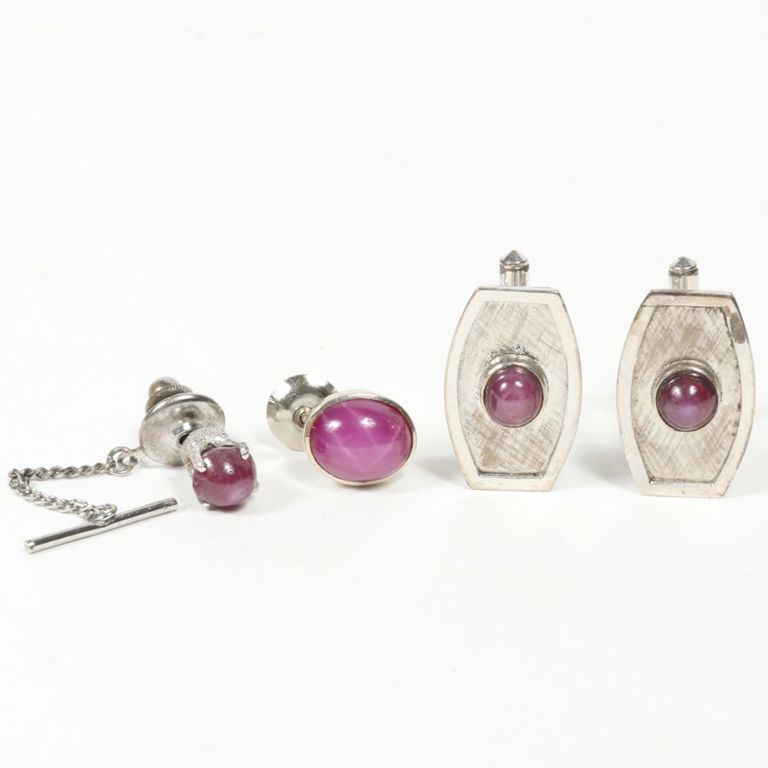 14k white gold sapphire cufflinks with sapphire tie tacks
