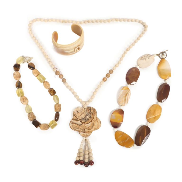 Rock bead necklace, two jasper necklaces and horn cuff bracelet