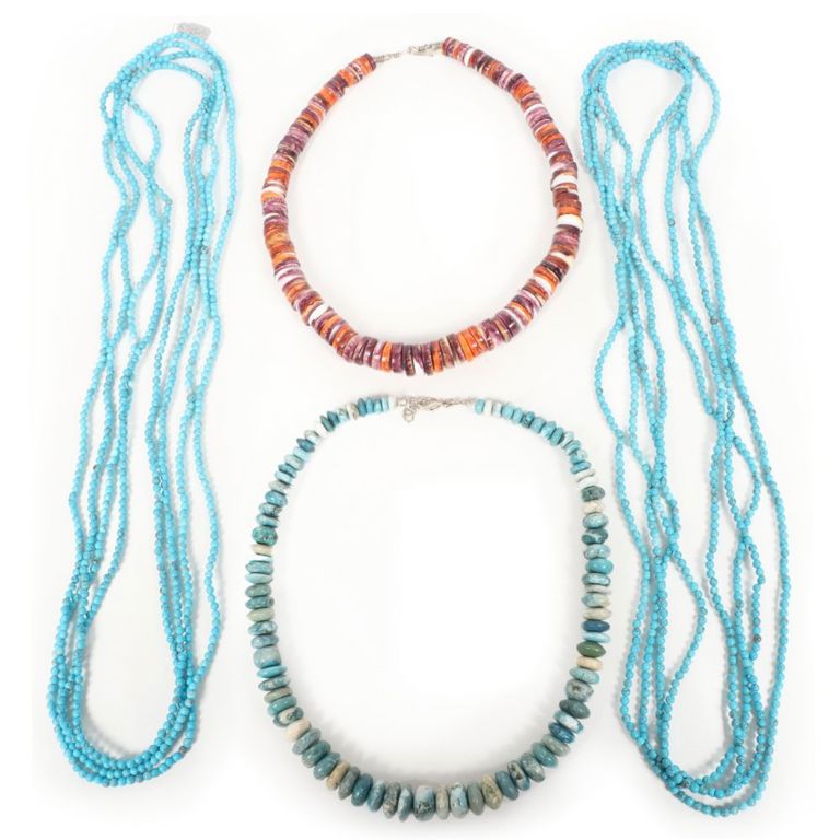 Four necklaces with turquoise, spiny oyster and faux turquoise