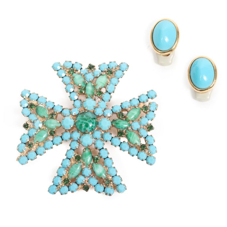 Turquoise glass earrings and turquoise glass cross brooch