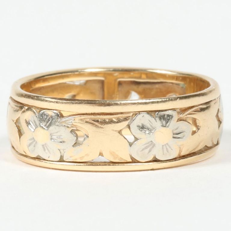 14k yellow and white gold floral wedding ring