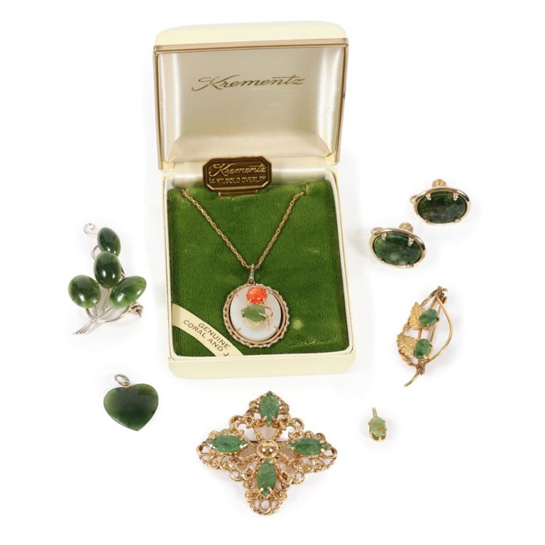 Jade and gold filled seven piece jewelry group