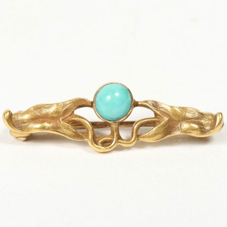 14K yellow gold leaves pin brooch with turquoise cabochon