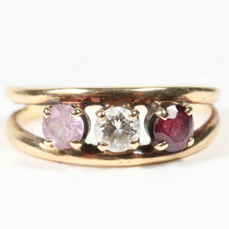 14k yellow gold diamond, imitation ruby and pink gemstone ring