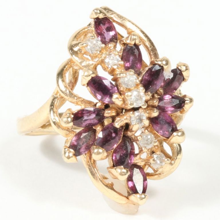 14k yellow gold ring with diamonds and rhodolite garnet