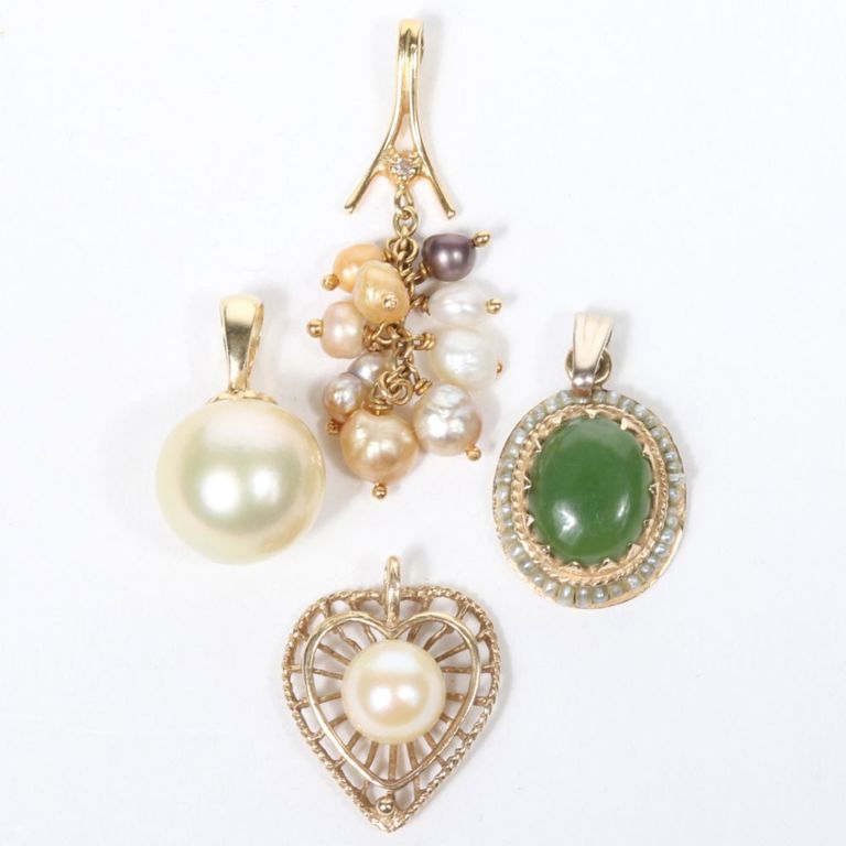 Four gold pendants with pearl, green stone and diamonds