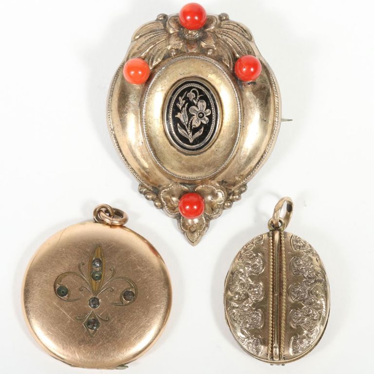 Gold filled jewelry set of coral brooch and pair of lockets