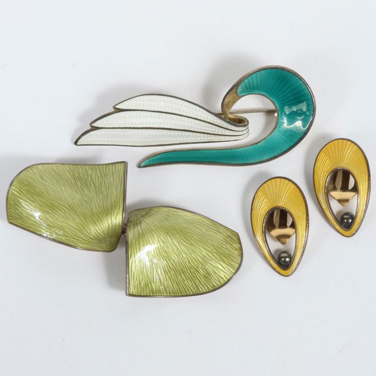 Jewelry set of sterling silver enamel brooches and earrings