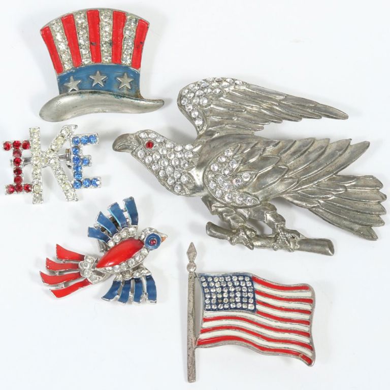 Five sterling silver and enamel patriotic brooches