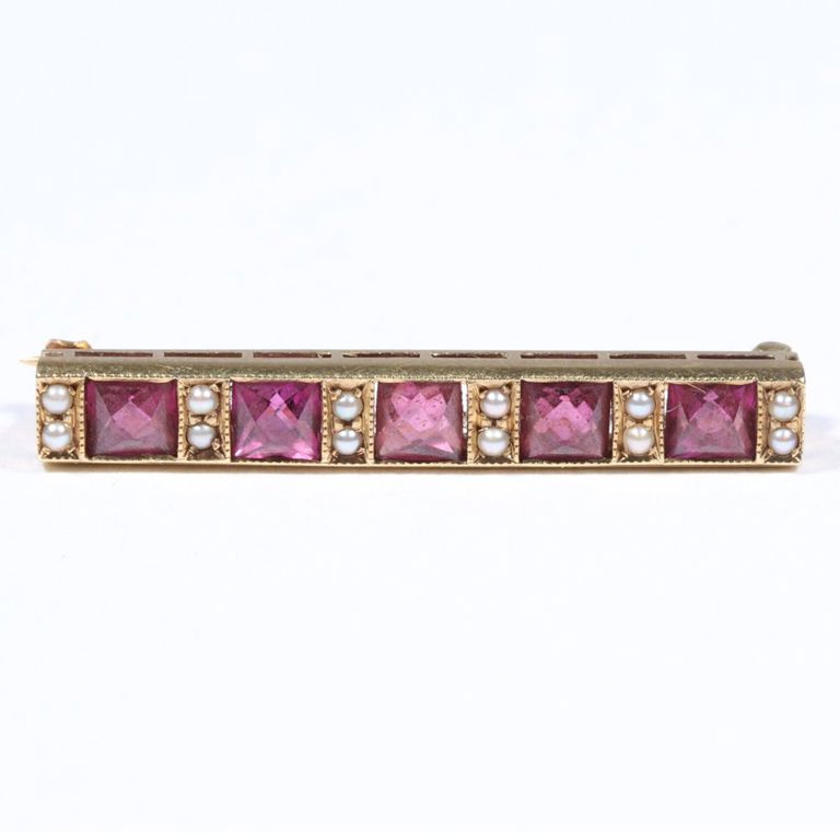 14k yellow gold ruby and pearl bar brooch