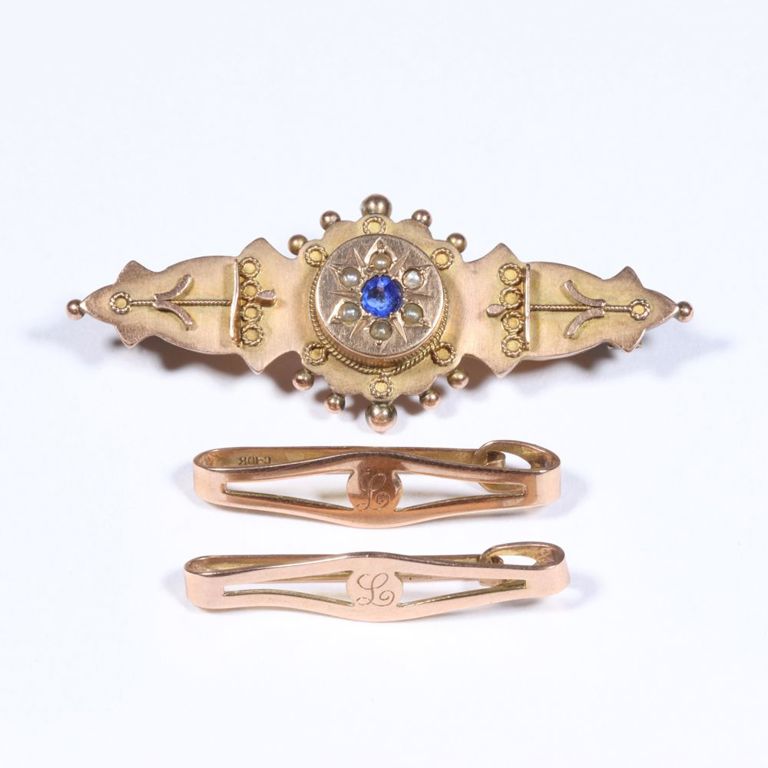 10k rose gold tie clips and 9k yellow gold sapphire and pearl brooch