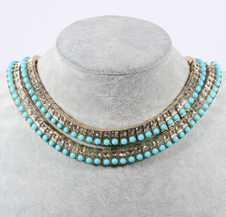 Faux diamond, turquoise and crystal gilt collar necklace