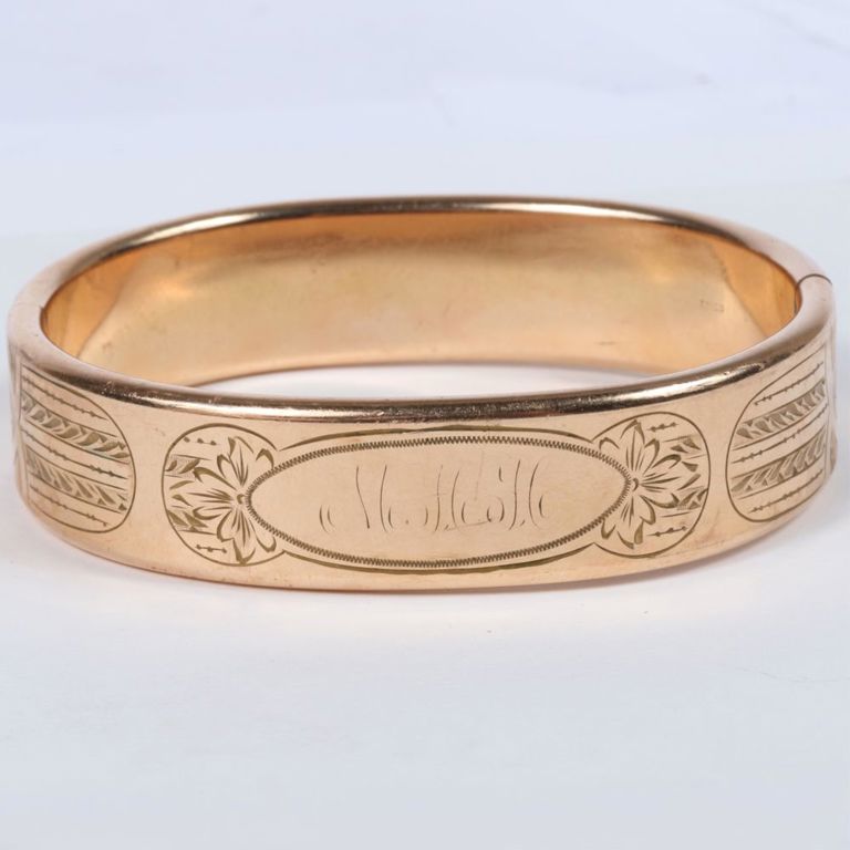 Low karat rose gold hinged cuff ID bracelet