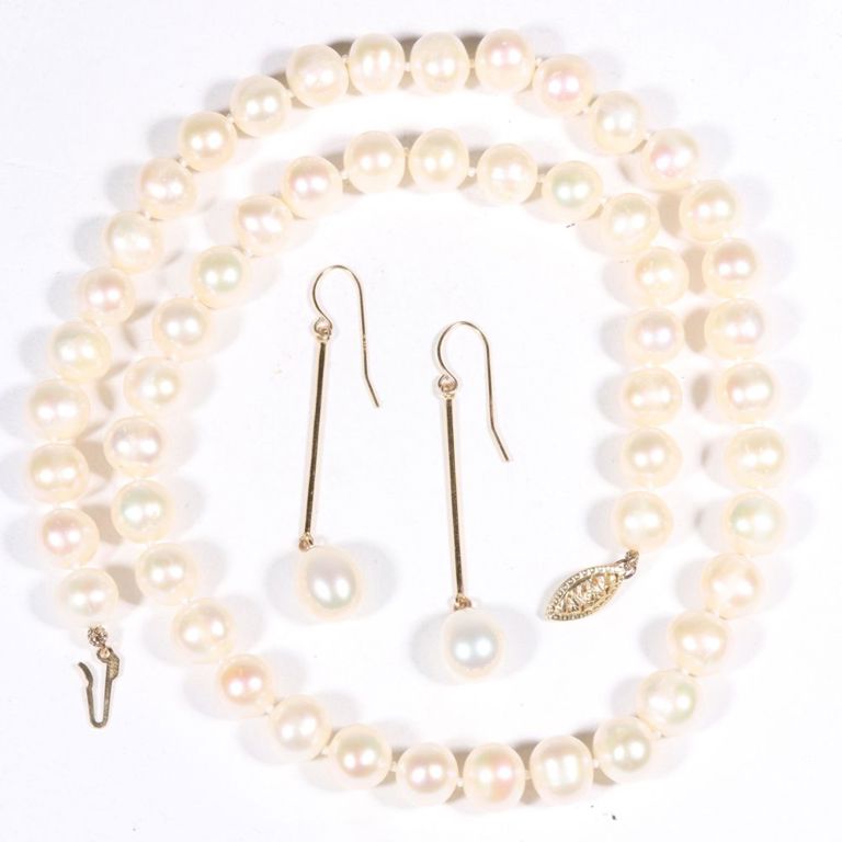 14k yellow gold pearl drop earrings and freshwater pearl necklace