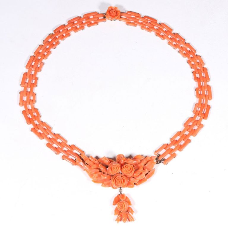 Vintage carved coral rose necklace with rose dangle and coral chain