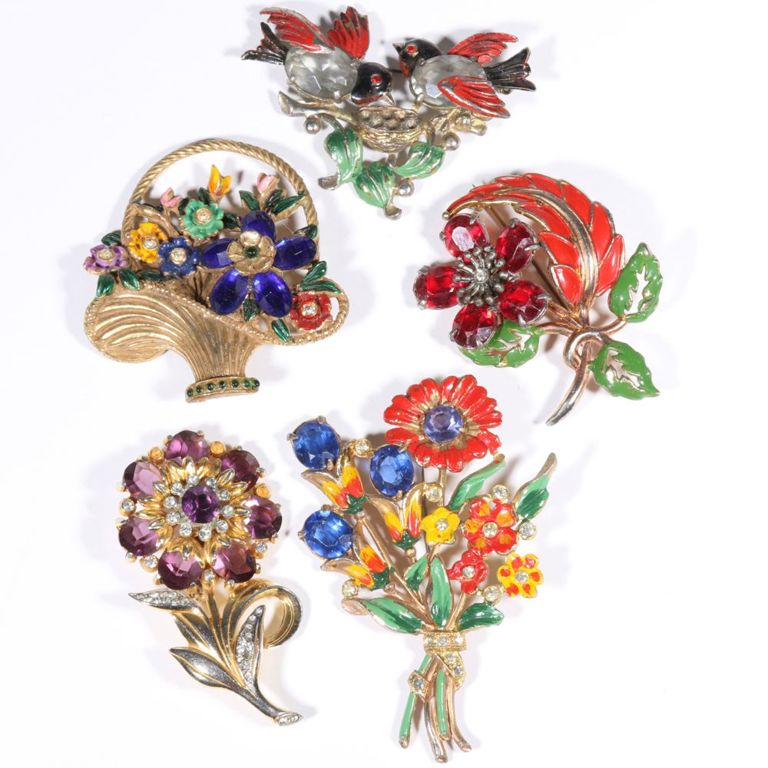 Vermeil enamel and rhinestone floral and bird brooches